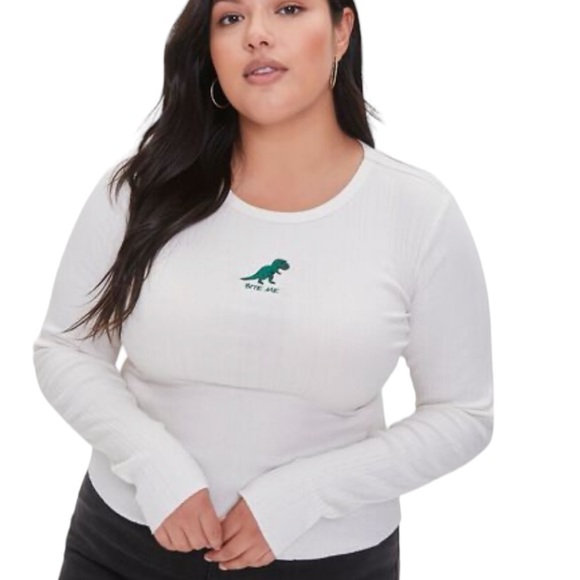Forever 21 Bite Me Embroidered T Rex Dinosaur Top Cream Green Size XL - Picture 10 of 10